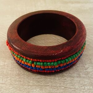 Retro vibrant wooden bangle bracelet w multi-colored bead details native america